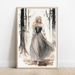 A soft fairytale watercolor illustration of Briar Rose Sleeping Beauty walking barefoot through a quiet forest, dressed in a flowing grey peasant gown. Her golden hair cascades over her shoulder as she moves through a serene, dappled woodland with tall trees and gentle light. The muted tones and vintage storybook style evoke peace, transformation, and quiet magic. This high-resolution digital download is formatted in five printable ratios — perfect for nurseries, reading nooks, or gallery walls.