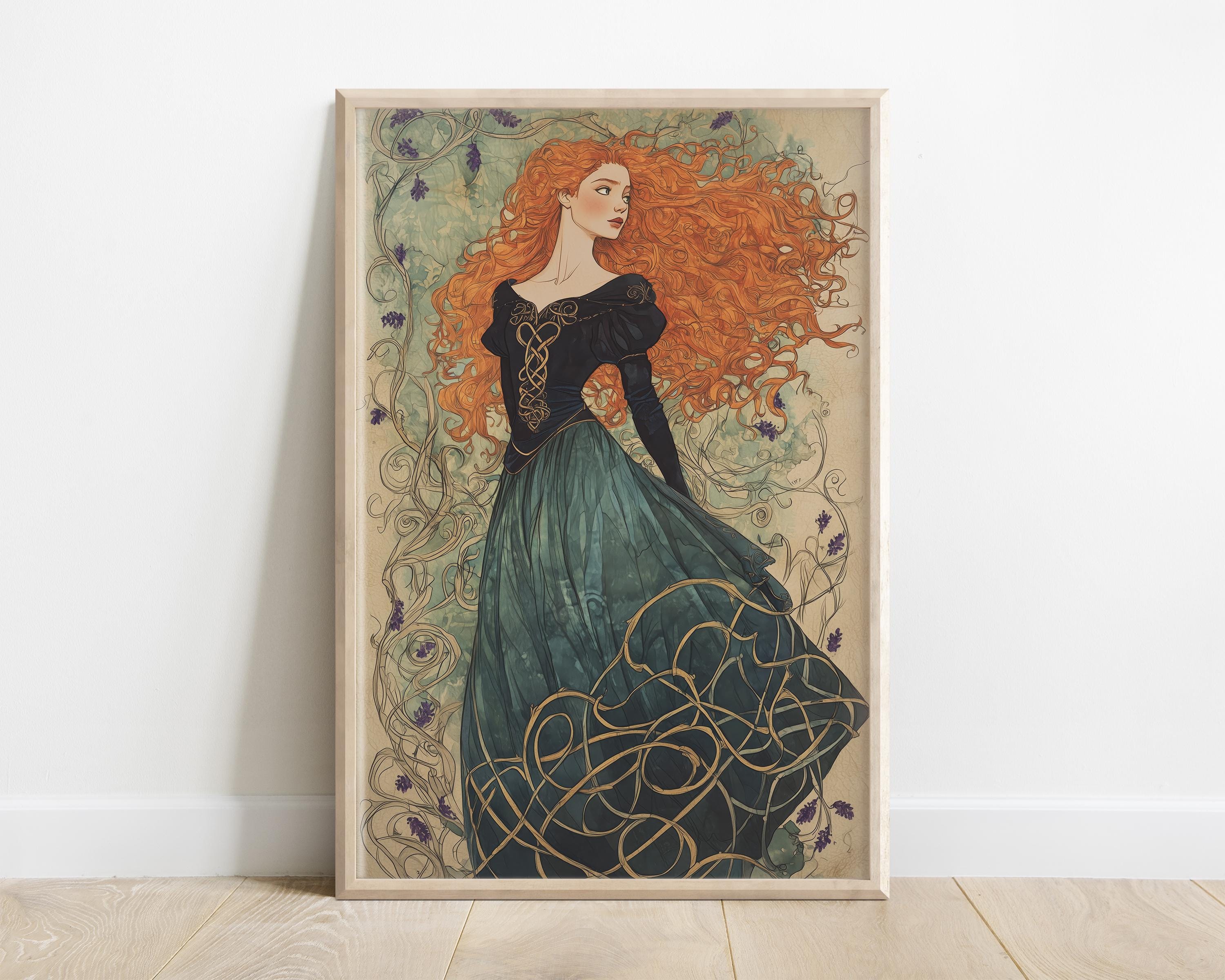 Merida Brave Vintage Bookplate Art | Fiery Redhead Highland Princess Printable | Fairytale Wall Art in 5 Ratios | Digital Download