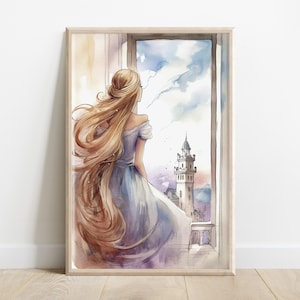 Rapunzel bij haar torenraam | Verlangend sprookjesprinses muurkunst | Aquarel vintage digitale afbeelding | Afdrukbare download, 5 verhoudingen