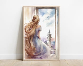 Rapunzel Watercolor Print: Fairytale Princess in Tower (Digital Download)