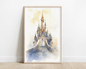 May include: A watercolor painting of a fairytale castle with a bride walking up the steps. The castle is a light blue and white with gold accents. The bride is wearing a white dress and has her hair pulled back. The background is a soft yellow and blue.
