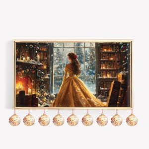 Frame TV Art ~ Belle w Boże Narodzenie | Piękna i Bestia Świąteczne cyfrowe pobieranie | Bajkowa scena przy kominku, telewizory Samsung Smart