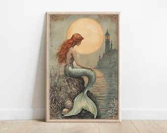 May include: A digital painting of a mermaid with long red hair sitting on a rock. She is wearing a green tail and looking down. The background is a seascape with a full moon and a castle in the distance.