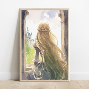 Rapunzel at the Tower Window | Dreamy Fairytale Princess Art Print | Romantic Digital Wall Art in 5 Ratios | Instant Printable Download