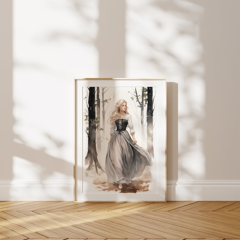 May include: A watercolor painting of a woman with long blonde hair wearing a white blouse and a grey dress with a black corset. She is walking through a forest with tall trees and a misty background.