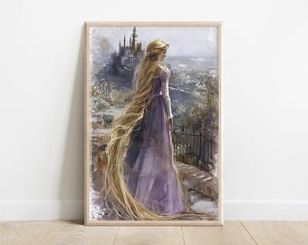 Könnte beinhalten: Ein Aquarellbild einer Frau mit langen blonden Haaren, die auf einem Hügel steht und auf ein Schloss in der Ferne blickt. Sie trägt ein lila Kleid und schaut auf die Aussicht.