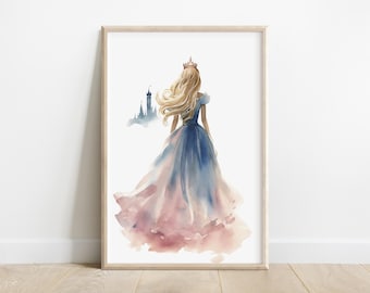 Sleeping Beauty & Fairytale Castle | Aurora Dress Changing Colors Blue to Pink | Princess Printable Wall Art, Watercolor, Digital Download