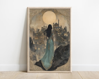 May include: A woman in a blue gown stands in front of a large, ornate building with a full moon in the background. The building has many towers and windows, and the moon is a pale yellow.