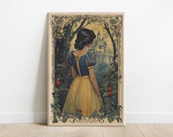 May include: A vintage-style illustration of a woman in a blue and white dress standing in a forest, looking towards a castle in the distance. The image is surrounded by a decorative border of leaves and flowers.