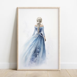 Watercolor-style illustration of a blonde fairytale queen in an icy blue gown with an intricate braid cascading down her back. She stands alone against a snowy white backdrop, her dress fading into soft blues and whites like mist. The artwork is minimal and atmospheric, capturing a sense of stillness, strength, and inner magic. Inspired by Queen Elsa from Frozen, this digital download brings wintry elegance and quiet power to any space, perfect for fans of icy fairytales and fantasy aesthetics.