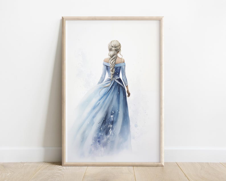 Watercolor-style illustration of a blonde fairytale queen in an icy blue gown with an intricate braid cascading down her back. She stands alone against a snowy white backdrop, her dress fading into soft blues and whites like mist. The artwork is minimal and atmospheric, capturing a sense of stillness, strength, and inner magic. Inspired by Queen Elsa from Frozen, this digital download brings wintry elegance and quiet power to any space, perfect for fans of icy fairytales and fantasy aesthetics.