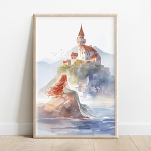 Princess Ariel | Little Mermaid Watching Prince Eric's Castle | Watercolor Fairytale, Printable Digital Download