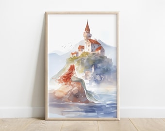 Princess Ariel | Little Mermaid Watching Prince Eric's Castle | Watercolor Fairytale, Printable Digital Download