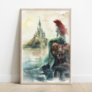 May include: A watercolour painting of a mermaid sitting on a rock, looking towards a distant castle. The mermaid has long red hair and a green tail. The castle is white with blue accents and is surrounded by water.