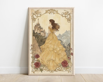 Könnte beinhalten: Eine Aquarellillustration einer Frau in einem gelben Kleid, die vor einem Schloss steht. Die Frau blickt auf das Schloss, und um sie herum sind Rosen und Ranken. Der Hintergrund ist ein hellblauer Himmel mit Wolken.