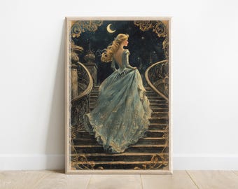 May include: A woman in a blue gown walks up a grand staircase. The staircase is made of stone and has ornate railings. The woman is looking up at the top of the stairs. The background is a dark blue sky with stars.