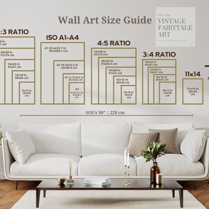 May include: A wall art size guide with different ratios and measurements in inches and centimeters. The guide shows the size of art pieces that would look good above a sofa that is 90 inches or 228 centimeters long. The guide includes the following ratios: 2:3, ISO A1-A4, 4:5, 3:4, and 11x14. The text "Vintage Fairytale Art" is in the top right corner of the image.