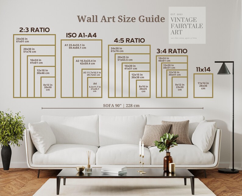 May include: A wall art size guide with different ratios and measurements in inches and centimeters. The guide shows the size of art pieces that would look good above a sofa that is 90 inches or 228 centimeters long. The guide includes the following ratios: 2:3, ISO A1-A4, 4:5, 3:4, and 11x14. The text "Vintage Fairytale Art" is in the top right corner of the image.