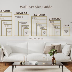 May include: A guide for choosing the right size wall art for a sofa, with different aspect ratios and measurements in inches and centimeters. The guide includes 2:3, 4:5, 3:4, and 11x14 ratios. The text "SOFA 90" is visible at the bottom of the image.