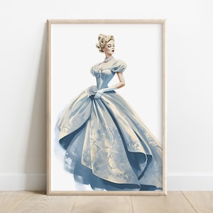 Assepoester in de jaren 40 Glamour | Vintage sprookjesprinses modeprint in blauwe jurk | Retro afdrukbare muurkunst | Directe digitale download