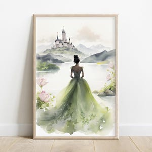 Tiana et le château de conte de fées | La princesse et la grenouille aquarelle imprimable | Décoration murale robe verte, ratios de 5 | Téléchargement numérique instantané