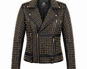 Women Studded Cowhide Leather Jacket Punk Rock Biker Gothic Moto Style