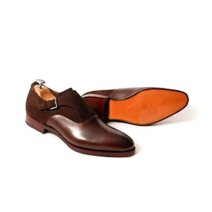 Handmade Men&#39;s Brown Leather & Suede Monk Strap, Toe Brogues Style, Heart Medallions Buckle Shoes