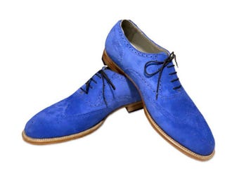 Handmade Men's Blue Suede Lace Up, Wing Tip Style Brogues Design