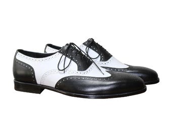 Handmade Black & White Leather Wing Tip Style Brogues Lace Up Oxford Shoes