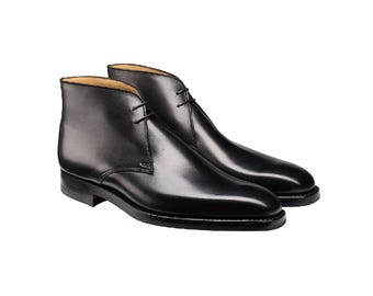 Handmade Mens Black Leather Chukka Style Lace Up Dress Formal Boot