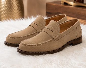 Handmade Beige Suede Penny Loafers: Genuine Leather Dress Shoes