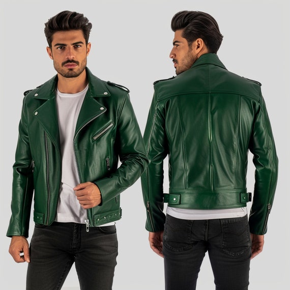 Mens Green Cowhide Leather Motorcycle Jacket Handmade Biker Jacket