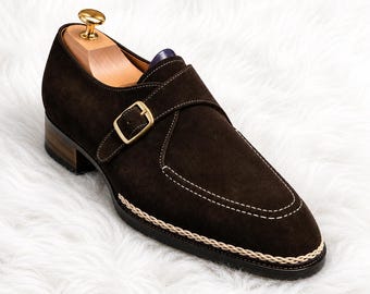 Mocassins à boucle en daim marron pour hommes, faits main, chaussures de luxe en cuir, chaussures de cérémonie pour mariages et occasions formelles