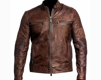 Mens Distressed Brown Leather Cafe Racer Biker Jacket Vintage Motorcycle Coat