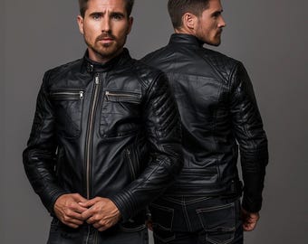 Mens Black Cowhide Leather Biker Jacket Handmade Classic Rider Coat
