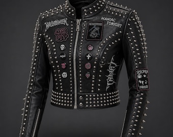 Handmade Studded Black Leather Biker Jacket – Punk Gothic Rocker Moto Coat
