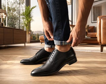 Men's Handmade Black Leather Derby Dress Shoes, Classic Lace-Up Formal Footwear