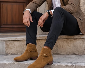 Handmade Mens High Ankle Beige Suede Monk Strap Buckle Long Boot