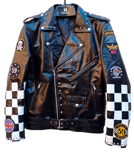 Mens Black Cowhide Leather Studded Biker Jacket