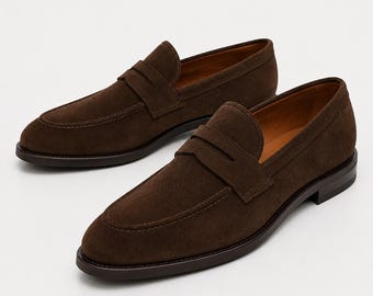 Men's Brown Suede Penny Loafers, Genuine Leather Slip-On Dress Shoes