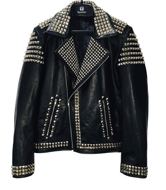 【44】RAINDROP STUDS COAT - BLACK Black Leather Metal Studded Leather Jacket, Steampunk Men