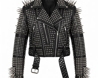 Women Studded Leather Jacket Metal Spiked Biker Punk Rock Steampunk Gothic Motorcycle Jacket