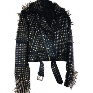 Handcrafted Genuine Leather Studded Jacket, Steampunk Long Spiked Leather Jacket, Classic Spiked Biker Style by Textiler