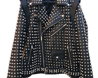Men Studded Leather Biker Jacket Removable Sleeves Punk Rock Gothic Steampunk Style