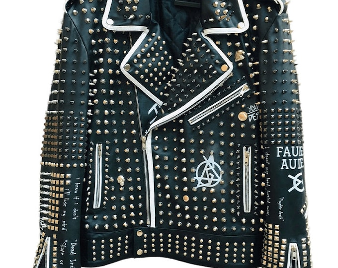Handmade Steam Punk Black Leather Studded Jacket For Men's, Punk Style Silver Studded Jacket