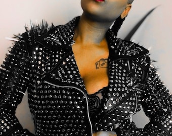 Womens Handmade Leather Spiked Biker Jacket Punk Rock Gothic Steampunk Style