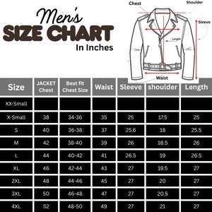 May include: A men's size chart in inches for jackets, featuring measurements for chest, waist, sleeve, shoulder, and length. Includes sizes from XX-Small to 4XL, with corresponding jacket chest and best fit chest sizes.