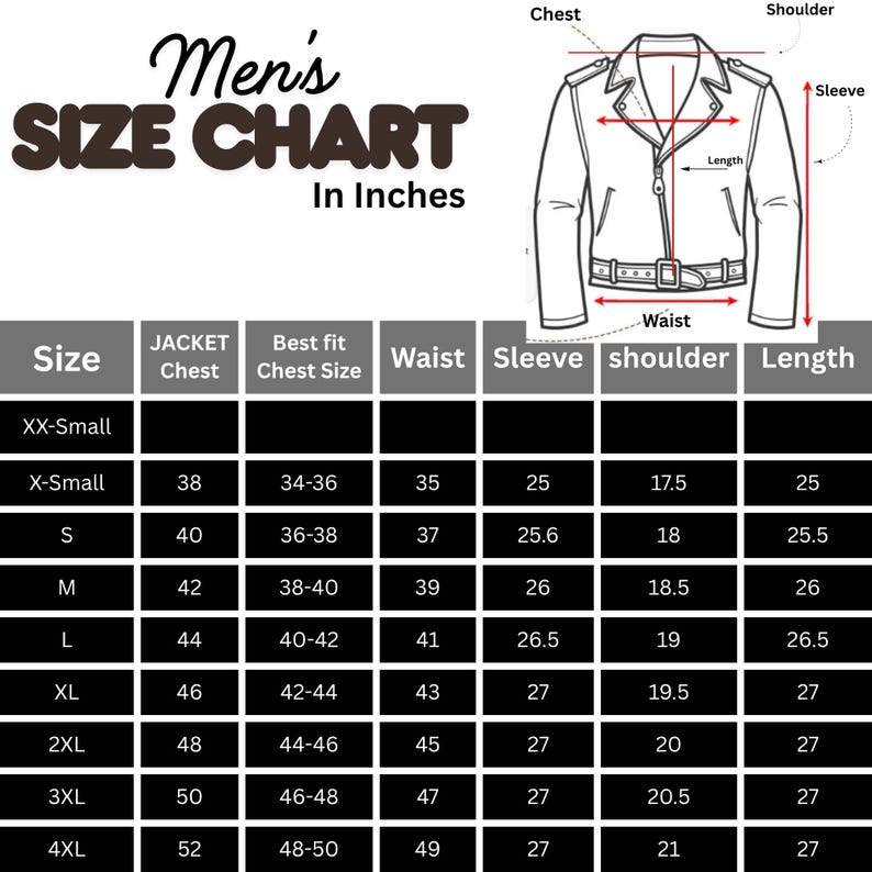 May include: A men's size chart in inches for jackets, featuring measurements for chest, waist, sleeve, shoulder, and length. Includes sizes from XX-Small to 4XL, with corresponding jacket chest and best fit chest sizes.