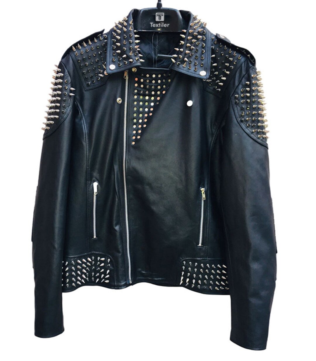 Men's Black Leather Steampunk Spiked Jacket, Men's Rocker Style
