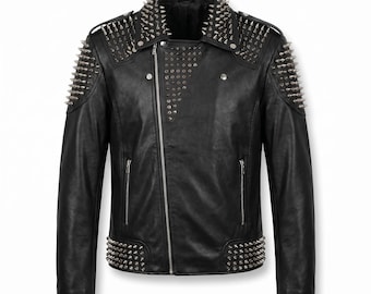 Men Studded Leather Jacket Black Spiked Punk Rock Biker Gothic